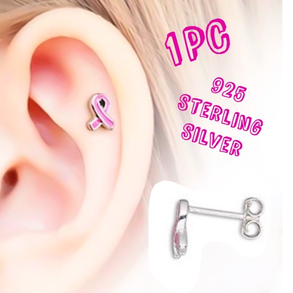 1PC 925 Sterling Silver Breast Cancer Awareness Pink Ribbon Helix Stud Earring - Picture 2 of 12